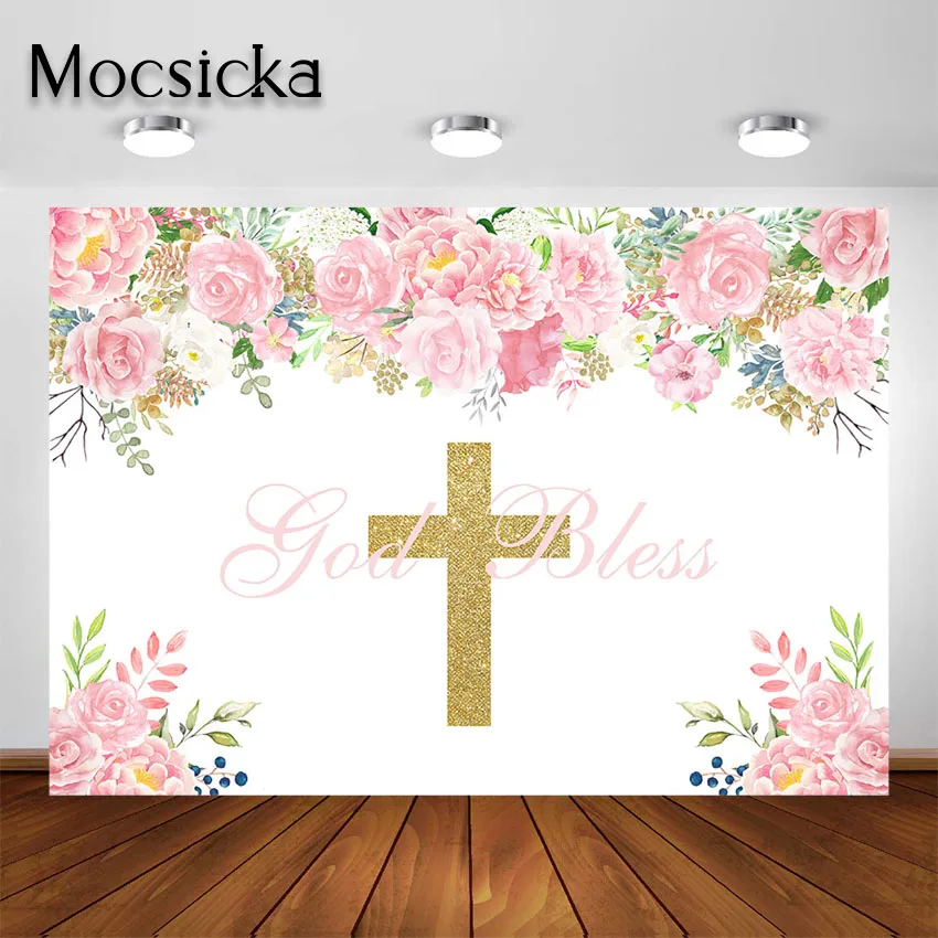 

Mocsicka God Bless Backdrop for Girls First Holy Communion Baptism Party Decor Pink Floral Gold Glitter God Bless Background