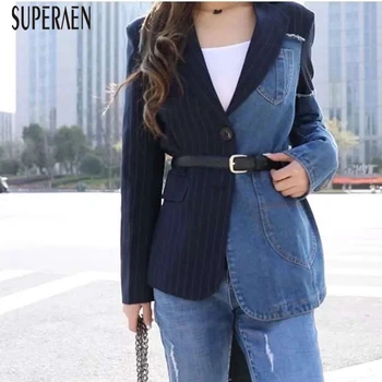 

SuperAen Korean Style Women Jackets 2020 New Spring and Autumn Irregular Stitching Striped Denim Ladies Jackets Fashion Tops