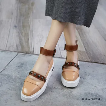 

Big Size 34-43 Brand New Ankle Strap Rivet Belt Buckle Zip Shoes Woman Casual Fashion Spring Autumn Flats