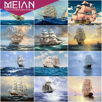 

MEIAN Sea Sailboat Diamond Embroidery Diamond Painting Full Round Drill Diamond Mosaic Scenery Gift 5D DIY Home Decoration