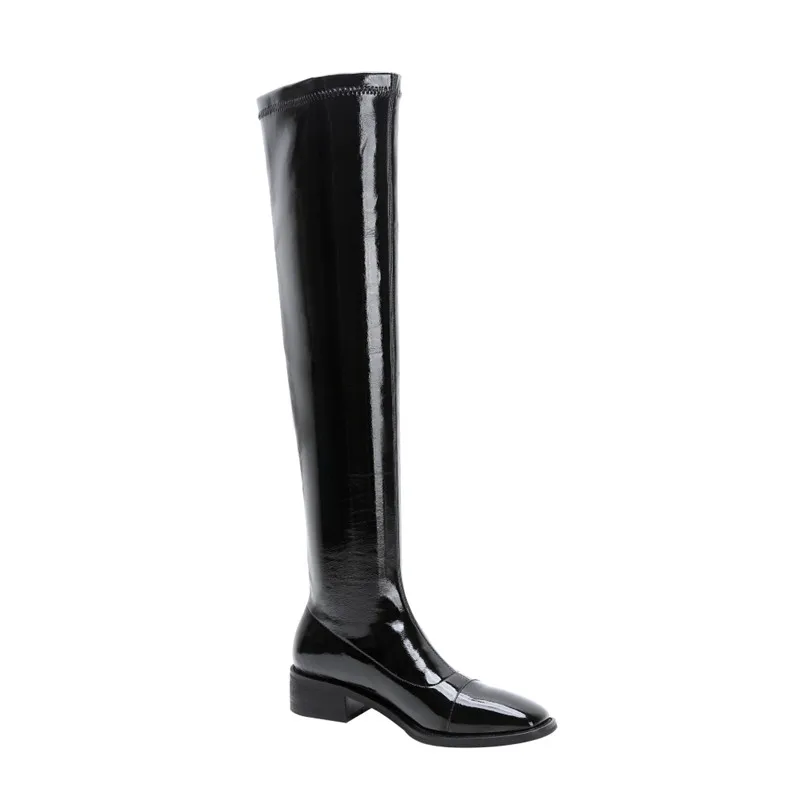 MoonMeek/ г. Новые Модные женские ботинки из лакированной кожи на низком каблуке однотонные Черные Сапоги выше колена с квадратным носком высокого качества