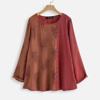 

2020 Plus Size ZANZEA Spring Corduroy Blouse Women Long Sleeve Vintage Printed Patchwork Button Tunic Tops Shirt Blusas Robe 5XL