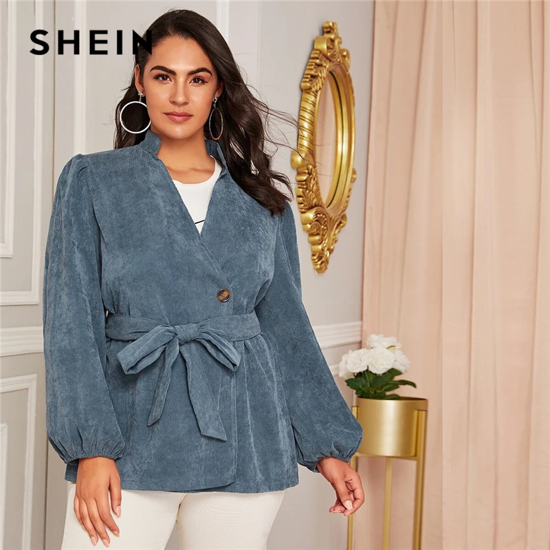 awesome  SHEIN Plus Size Blue Corduroy Lantern Sleeve Belted Coat Women Autumn Stand Collar Casual Plus Soli