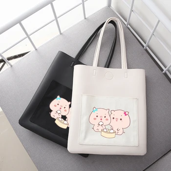 

JANE'S LEATHER New Cute Cartoon Pig Women Large Capacity High Quality Leather Tote Shoulder Bag Shopping Bag Beach Bags Feminina