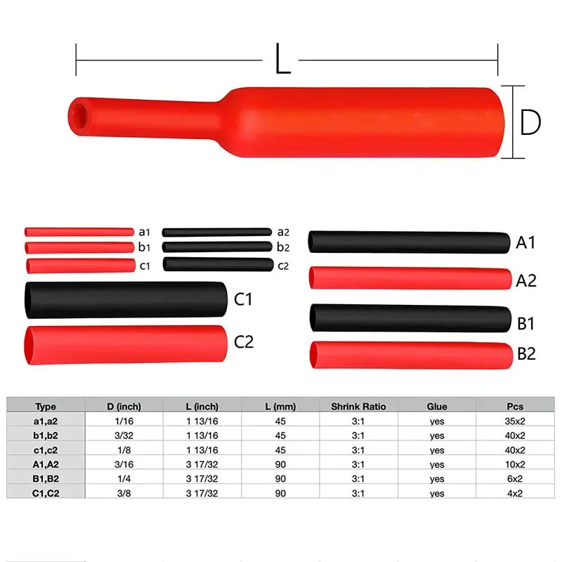 Heat Shrink Tubing 270Pcs 3:1 Shrink Ratio Dual Wall Adhesive Lined 6 Size: 3/8",1/4",3/16",1/8",3/32",1/16" 2 Color KIT