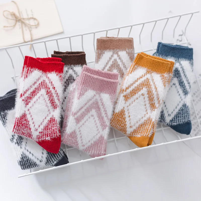 Одноцветная сетка из ромба, носки, Осень-зима, женские хлопковые носки, утолщенные, теплые, японские, модные, повседневные, дышащие, впитывают пот