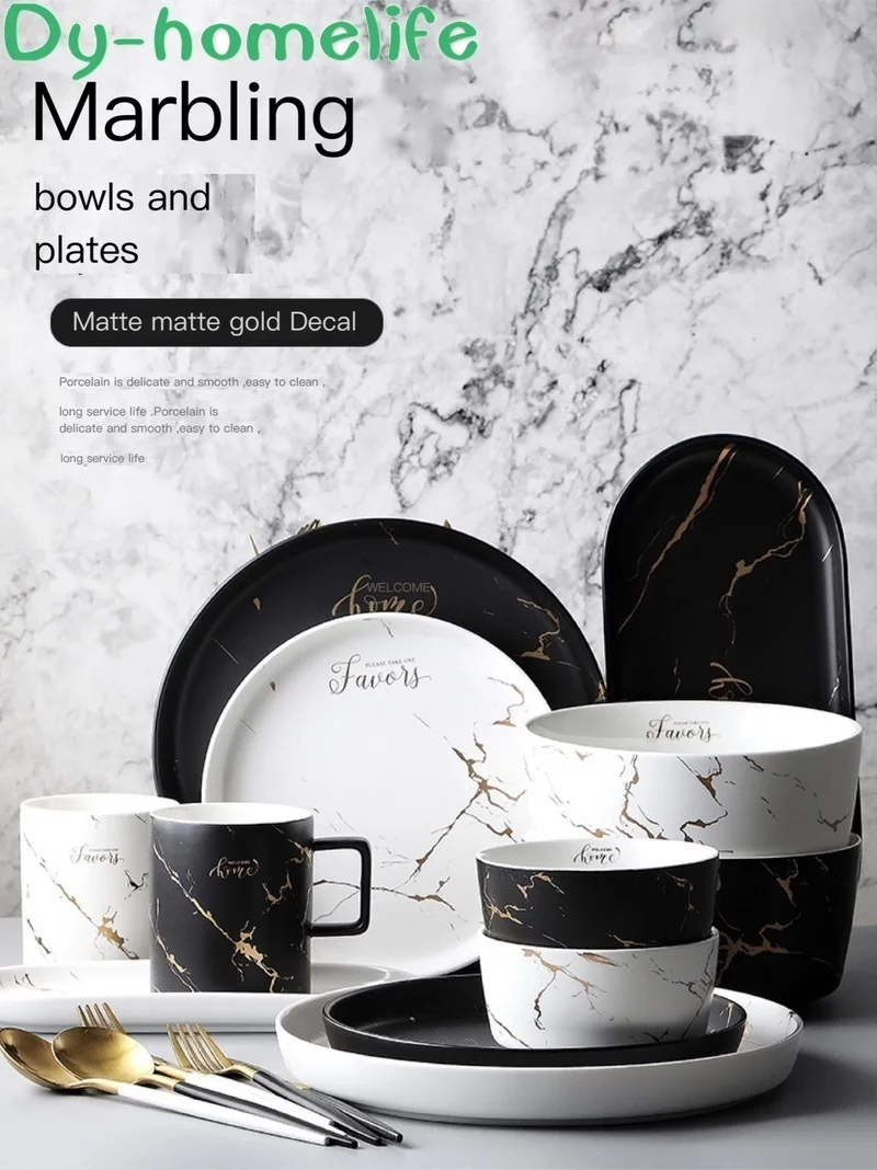 

Multi-spec Nordic Ins Black Gold White Gold Two-color Marble Pattern Ceramic Plate Bowl Cup Spoon Fork Set Home Kitchen Supplies