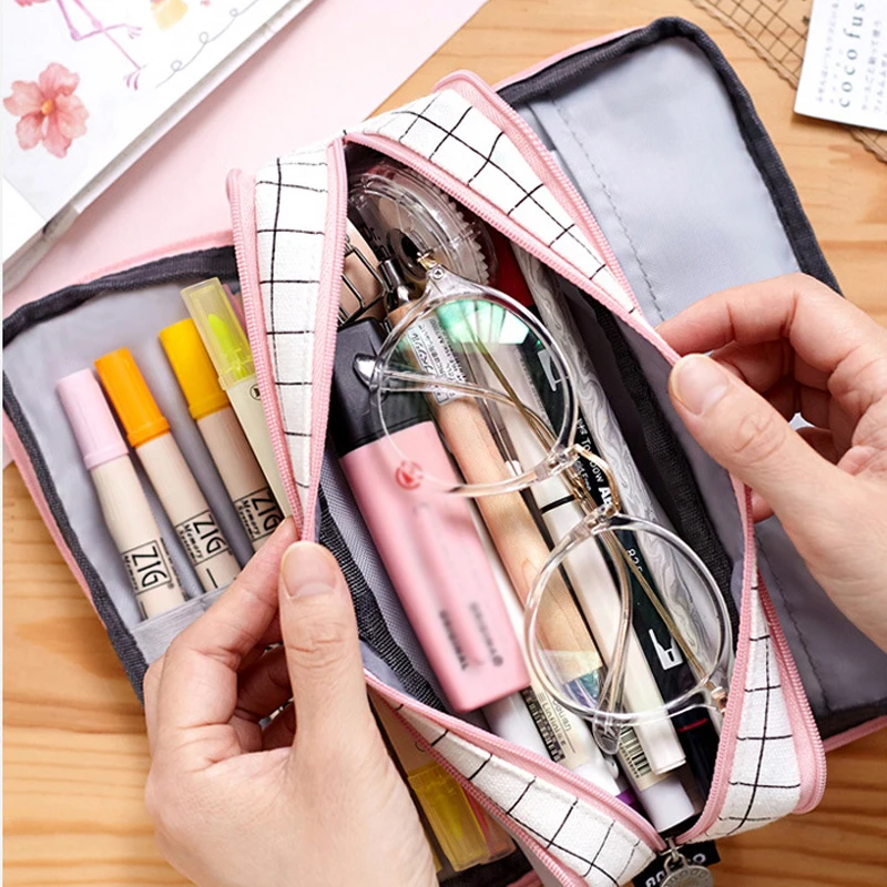 Cute Grid Pencil Case Kawaii Canvas Pencil Case Bag For Students Large Capacity Stationery Pouch Creative School Supplies New