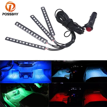 

POSSBAY 4 in 1 Interior Footwell Decorative Light Glow Neon Atmosphere Lights 12V RGB LED DRL Strip Lights With Control