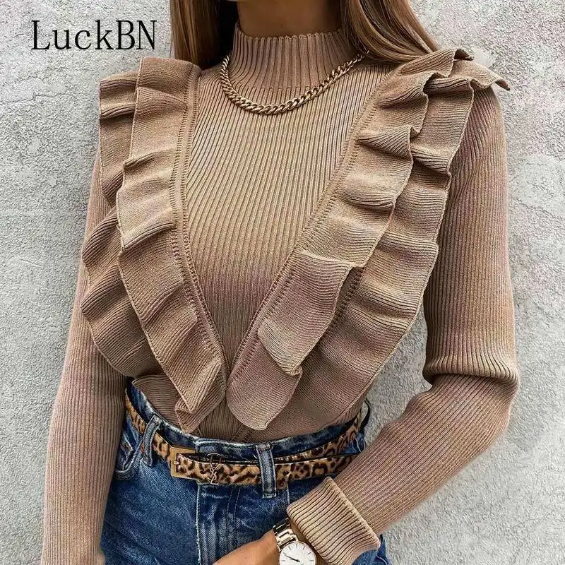 O Neck Ruffles Women's Knitted Sweater Long Sleeve Solid Coffee Slim Elegant Office Lady Pullover 2021 Spring Fashion Top New | Женская