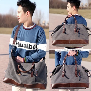 

Men Fashion Canvas Travel Bag Leather Large Capacity Vintage Luggage Bags Casual Vintage Simple Tote Bag Business Shoulder Bag