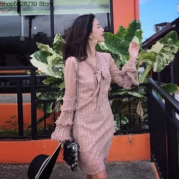 

2020 Summer Dress Mesh Sequins Bow Horn Sleeve Champagne Color Dress Luxury Dress Female