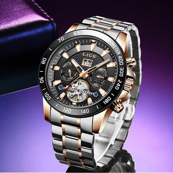 

LIGE New Fashion Mens Watches Top Brand Luxury Large Dial Military Mechanical Watch Stainless Steel Waterproof Sports Tourbillon