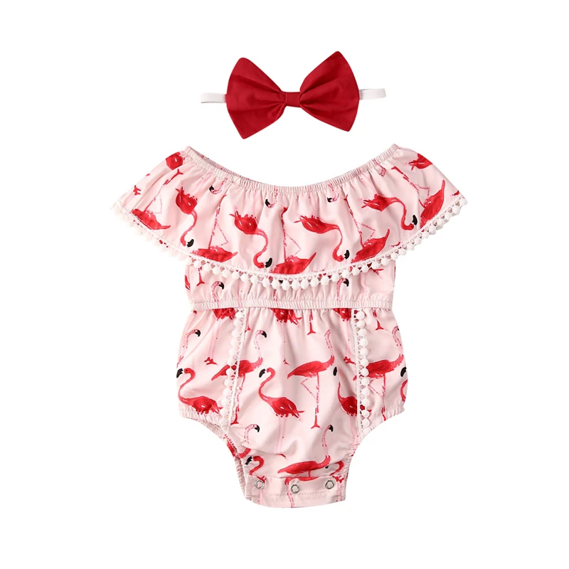 

2020 Infant Newborn Baby Girl Flamingo Cartoon Tassel Ruffled Romper Jumpsuits Sleveless Sunsuit Summer Outfits Baby Clothing