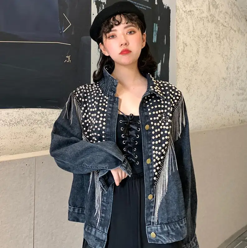 Серый Chaquetas Mujer, осень, уличная одежда, джинсовая куртка для женщин, ручная работа, заклепки, кисточка, цепь, короткая джинсовая куртка, свободные черные пальто - Цвет: Серый