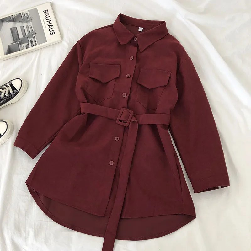

Corduroy Long Sleeve Dress Women Solid Buttons Pockets Turn-Down Collar Elegant Party Sashes All-Match Womens Vintage Harajuku