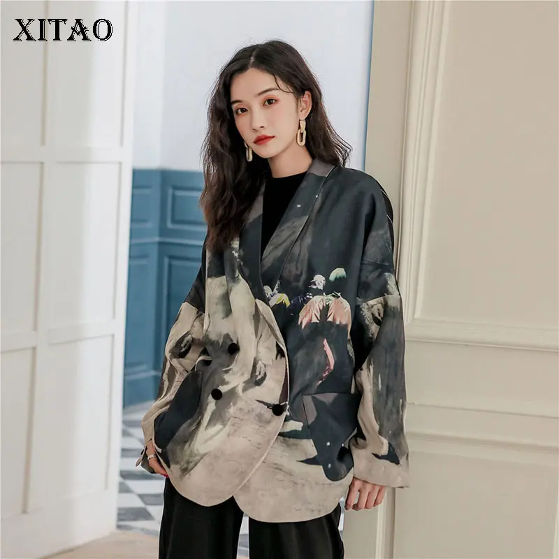XITAO, винтажный полосатый Блейзер, модный, с узором, двойная грудь, свободный, маленький, свежий, Повседневный, с зубчатым воротником, миноритарное пальто, топ, XJ3164