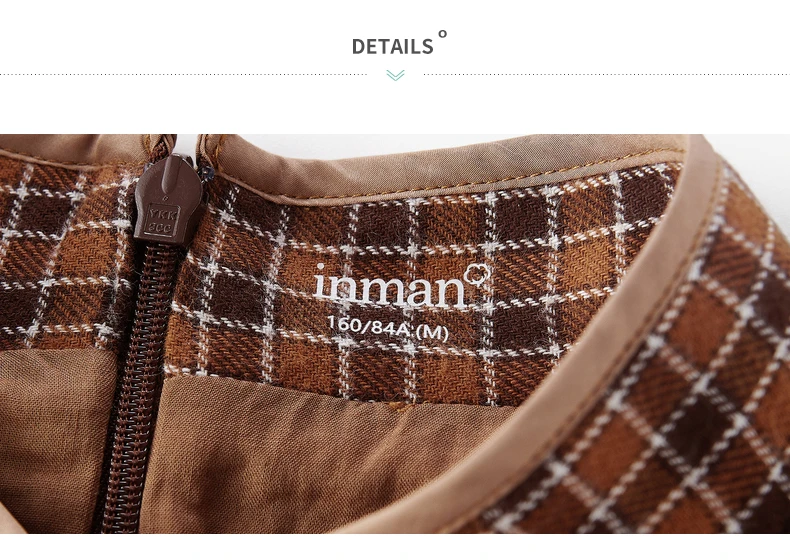 INMAN 2020 Autumn Winter New Arrival Plaid Dress Retro Cotton Buckle Collar Three-quarter Sleeve Dress