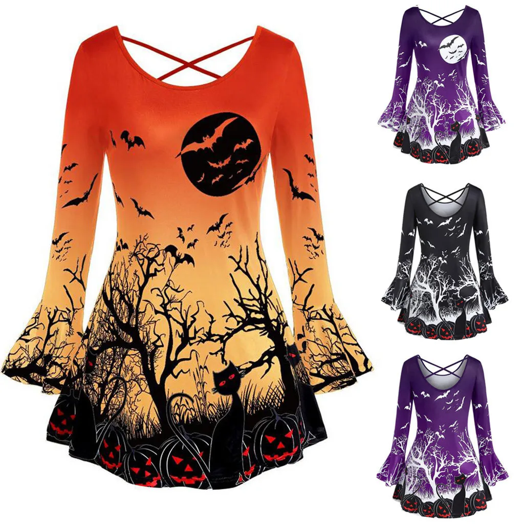 CHAMSGEND Women's Blouses Punpkin Cat Printed Blouse Tops Trumpet Sleeve Halloween Female Shirt Plus Size 19Sep20 | Женская одежда