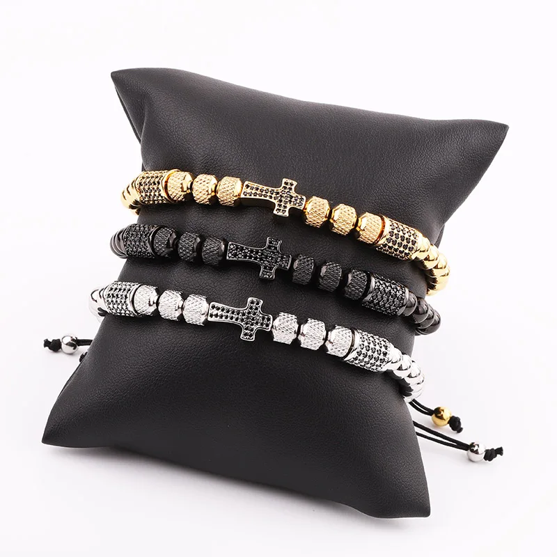New Design Cross Bracelet Men Jewelry Gold Plated Stainless Steel Beaded CZ Pave Charm Macrame Adjustable Bracelet Men