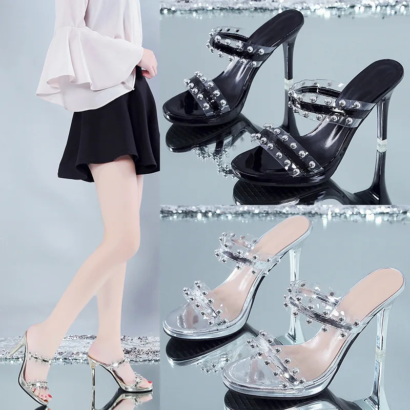 

High-heeled Shoes Lady Ladies' Slippers Thin Heels Slipers Women Heeled Summer 2019 Flat Sequined Cloth Bling Scandals Basic