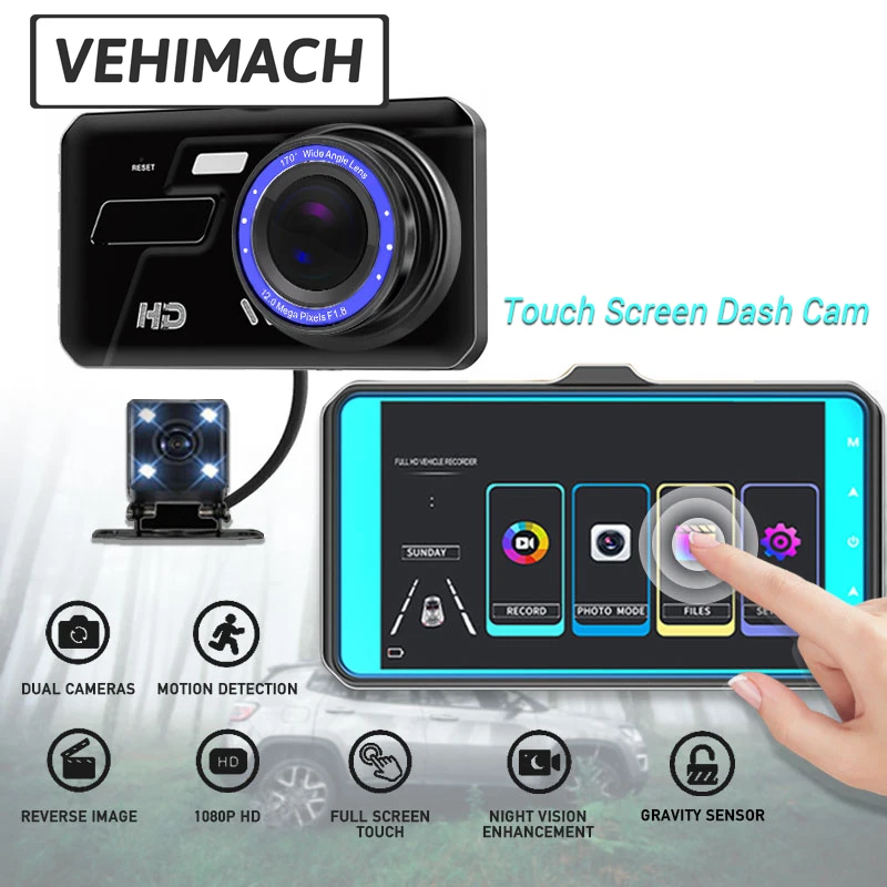 1080P HD Dash Cam 4 Inch IPS Touch Screen Car DVR Dashcam Dual Lens Video Recorder Wide Angle Front And Rear Parking Monitor | Автомобили