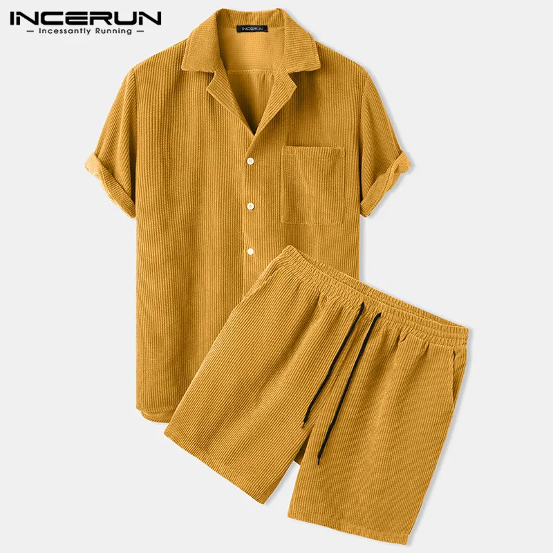 Discount Shirts Short-Sleeve Corduroy-Sets Casual-Suits Streetwear Incerun Men Mens Solid Button 1005001466564504