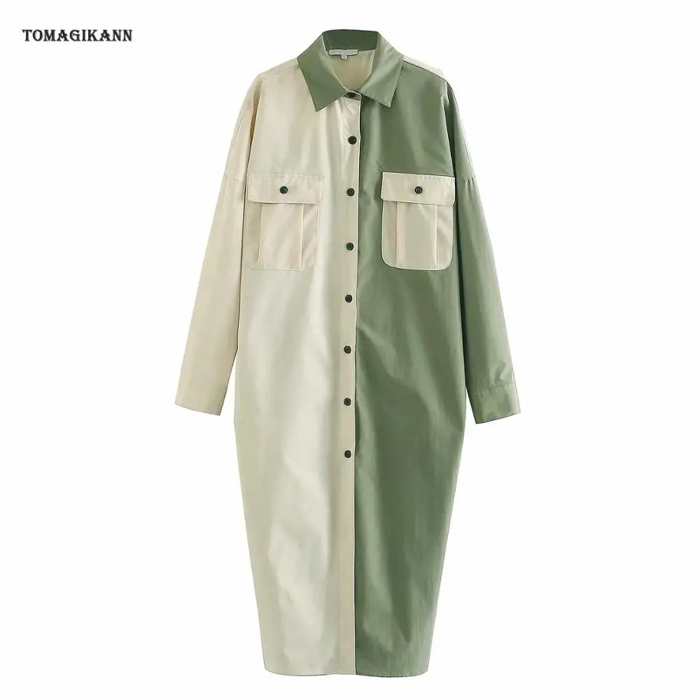 

Contrast Color Long Blouse Women Casual Patchwork Double Pockets Blouses Coat 2020 Spring Ladies Shirts Outwears Tops