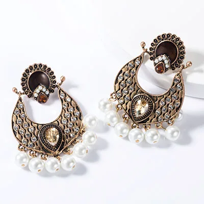 WHOMEWHO Antique Gold Handmade Pearl Beads Indian Jhumki Jhumka Drop Earrings Vintage Hiphop Pop Party Jewelry Royal Accessory - Окраска металла: brown