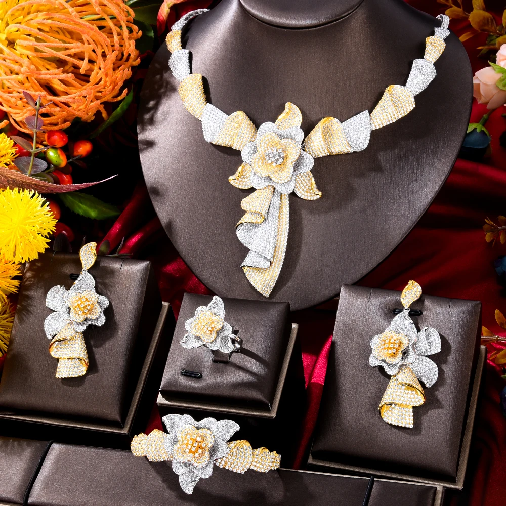 

GODKI NEW Fashion 4PCS Luxury Flowers Africa Jewelry Set For Women Wedding Party Cubic Zirconia Dubai Bridal Jewelry Indian 2022