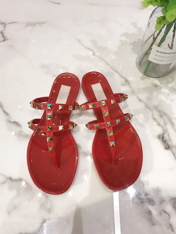 Summer Beach Sandals Woman Flip Flops PVC Slides Female Sandals Rivet Bowknot Slip on Flat with Women Studs Slippers Jelly Shoes