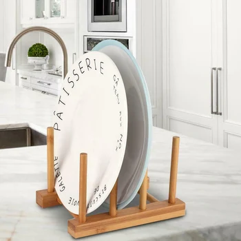

Bamboo Wooden Dish Rack 4 Grid Plates Bowl Cup Pot Lid Cutting Board Holder Stand Kitchen Storage Organizer