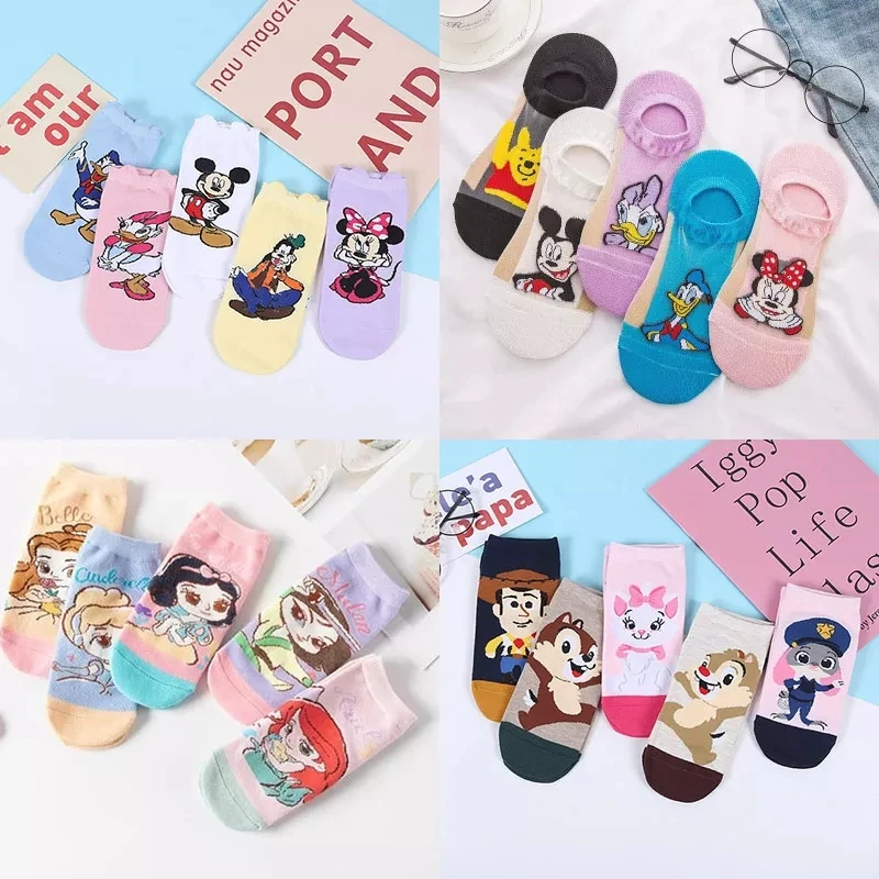 Women Socks 10pc = 5 pairs Mickey mouse Cartoon Summer Invisible cotton Ankle Socks Size 35-41