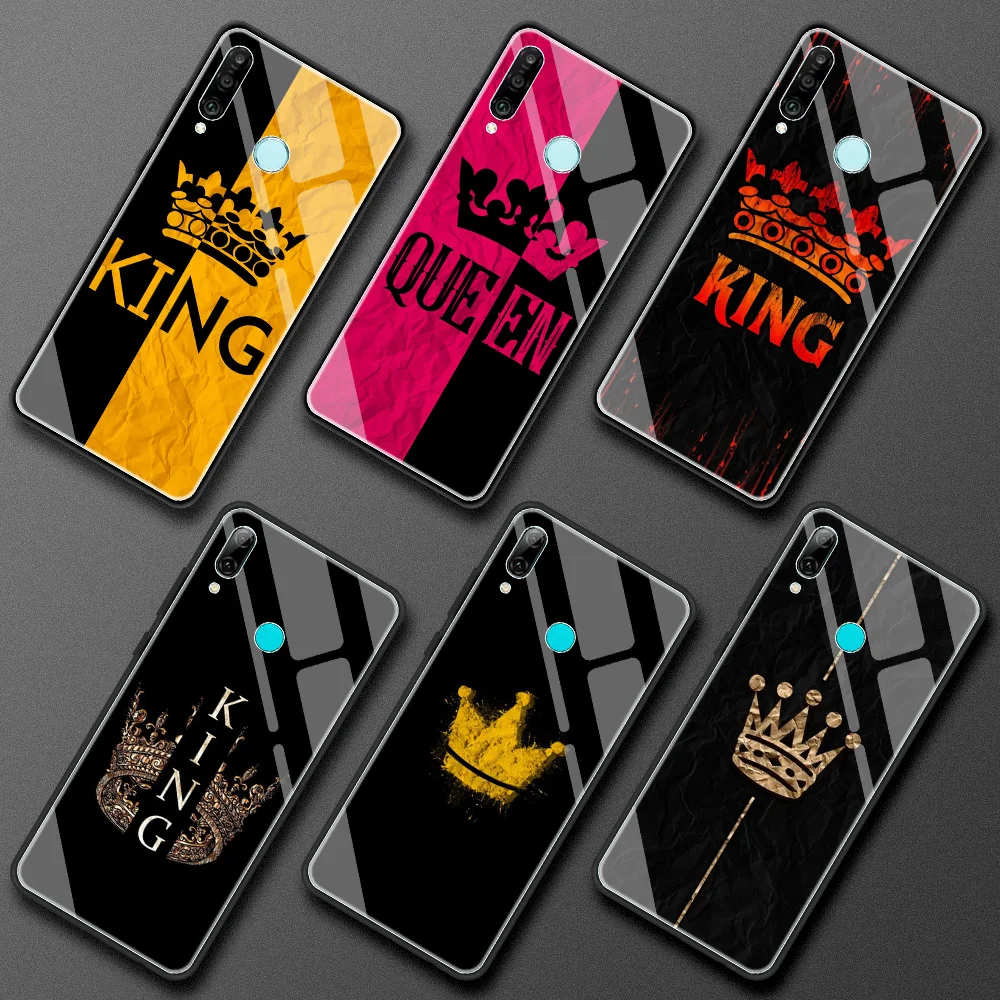 Glass Case for Huawei P30 Lite P40 Pro P20 P Smart Z Honor 30 9X 8X Y7 Y9 2019 Movil Luxury Smartphone Cover Queen Crown King | Мобильные