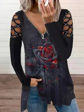  2022 Spring Autumn Hot Drilling Zipper V Neck Long Sleeve T-shirt Women Sexy Casual Loose Fashion Hollow Out Retro Shirt Top 5XL 