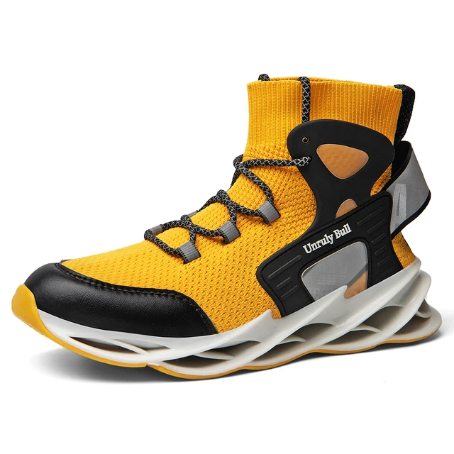 High Top Running Shoes for Men Blade Sports Shoes Breathable Cushioning Sneakers Trainers Fitness Jogging Shoes Zapatillas A201Yellow