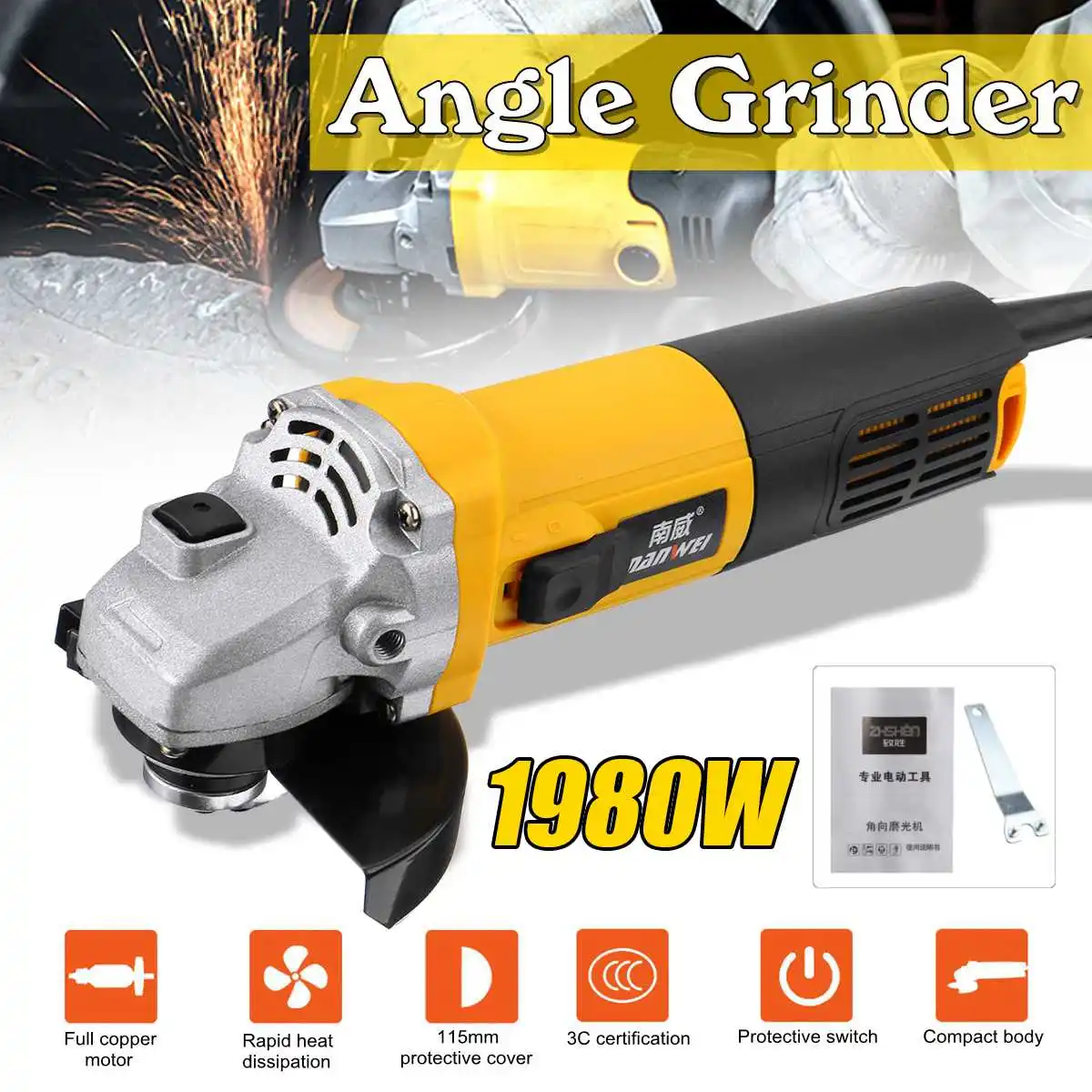 

1980W 11000r/min Multi-functional Electric Angle Grinder Polishing Machine Household Cutting Machine For Metal Woodworking