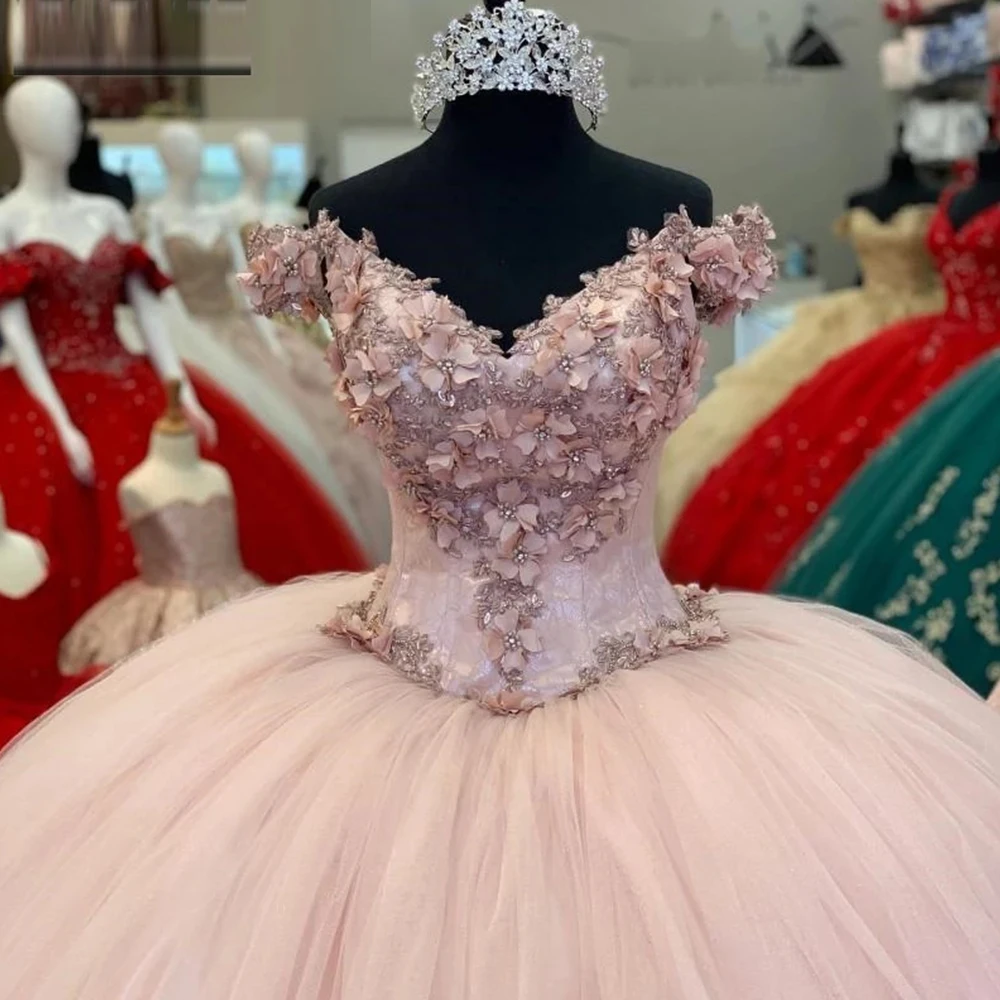 Angelsbridep Pink Quinceanera Dresses 3D Flowers Appliques Lace Off The Shoulder For 15 Girls Ball Formal Gowns Puffy Tulle