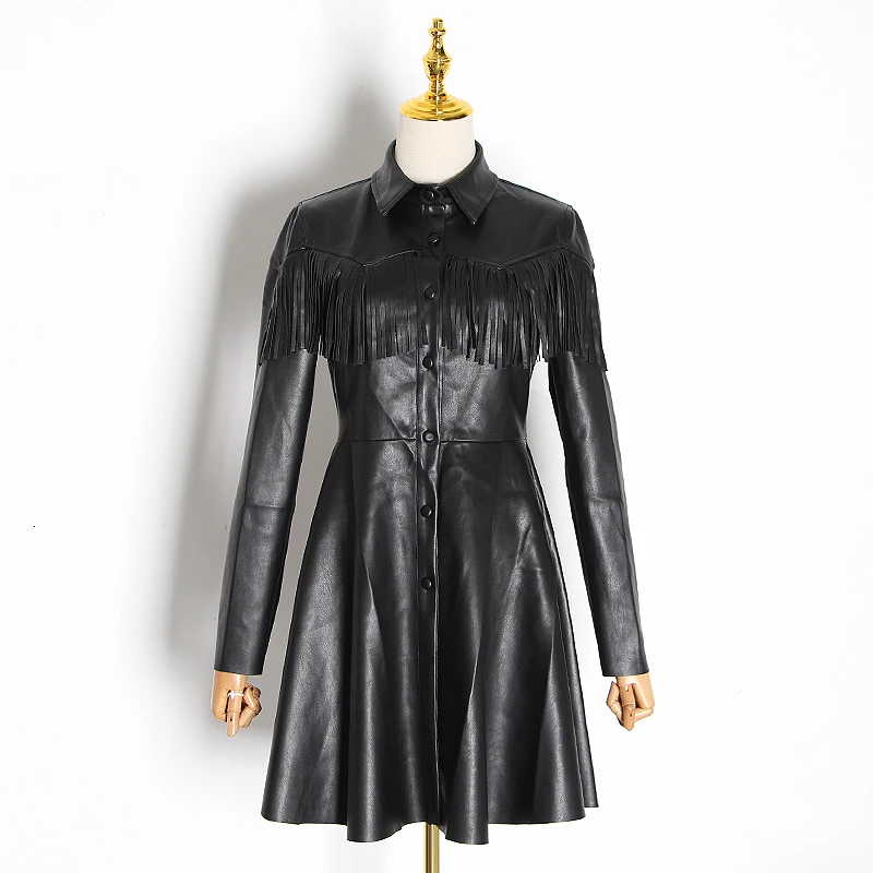 TWOTWINSTYLE лоскутное платье с кисточками из искусственной кожи для женщин воротник с лацканами длинный рукав Высокая талия Повседневное платье женская мода - Цвет: black