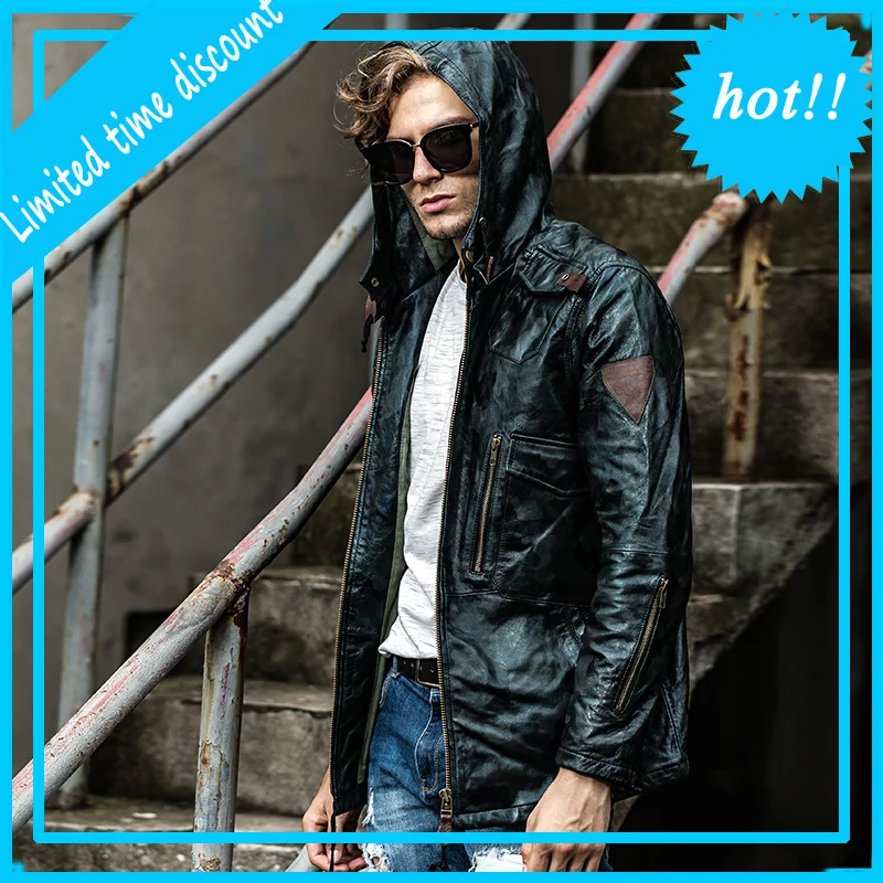 

2020 Men's Spring Sheepskin Suede Coat Designer Motorcycle Rider Hooded Jacket Genuine Leather Brand Male Vintage Classic Jacket