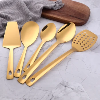 

Stylish 12PCS Cooking Utensils Stainless steel Spatula Shovel Soup Ladle Golden Metal Slotted turner fork Cookware Kitchen tools