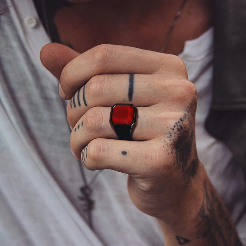 SQUARE MODERN RED CARNELIAN STONE RINGS STAINLESS STEEL MEN