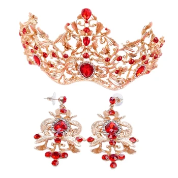 

New Fashion Baroque Bridal Jewelry Gorgeous Red Crystal Bridal Tiara Crown Tiara Earrings 2 Piece Wedding Crown Wedding Hair Acc