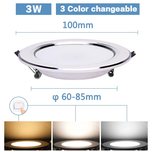3W 3 Color option Светодиодный светильник 3 Вт, 5 Вт, 7 Вт, 9 Вт, 12 Вт, 15 Вт, Круглый встраиваемый светильник 220 В, 230 В, 240 в, 110 В, домашний декор, спальня, кухня, внутреннее точечное освещение - Испускаемый цвет: 3W 3 Color option