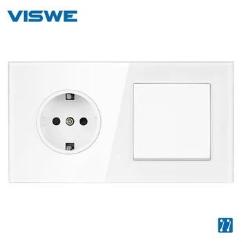 

VISWE EU standard socket with1gang 2way switch home electric wall socket 16A 220V 82*153mm with white crystal glass panel DIY