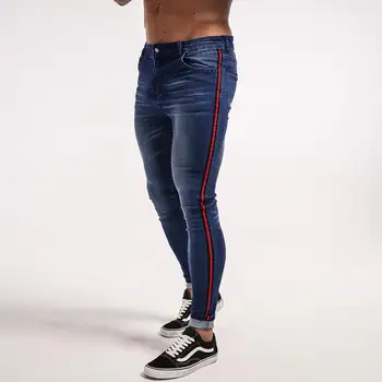 

Men's Hip Hop Sweatpants Fitness Joggers Skinny Pants Men Blue Tape Classic Stretch Slim Fit Brand Biker Style Tight Jeans