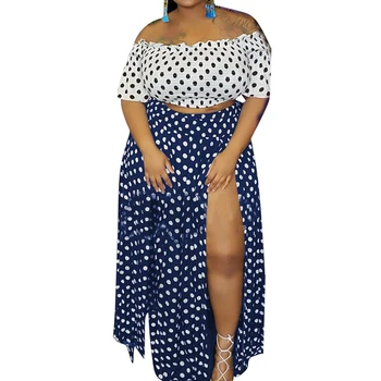 

Dot Print Off Shoulder Slash Neck Crop Tops & High Waist Long Skirts Set Women Casual 2 Piece Set Outfits Plus Size