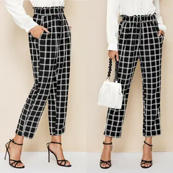 

Women's Pant Wide Leg Trousers 2019 NEW Plaid High Waist Ankle-length Pants Pocket Zipper Ladies Fashion Loose Casual Bottoms