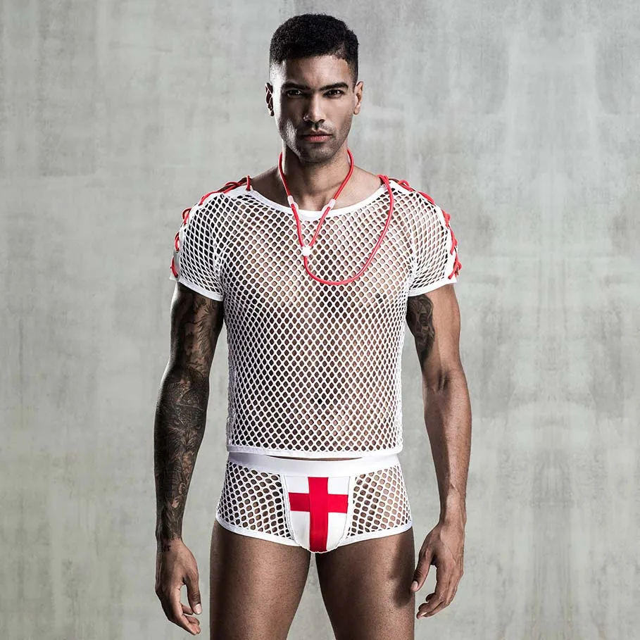 JSY Sexy Cosplay Lingerie Set Men Doctor Uniform Mesh Underwear Erotic Catsuit Bodysuit Lingerie Sexy Role Play Clubwear Outfits