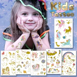 Child Kids Tattoo Myth Legend White Pegasus Unicorn Golden Flash Waterproof Temporary Tatto Stickers Rainbow Girls Boys Body Art